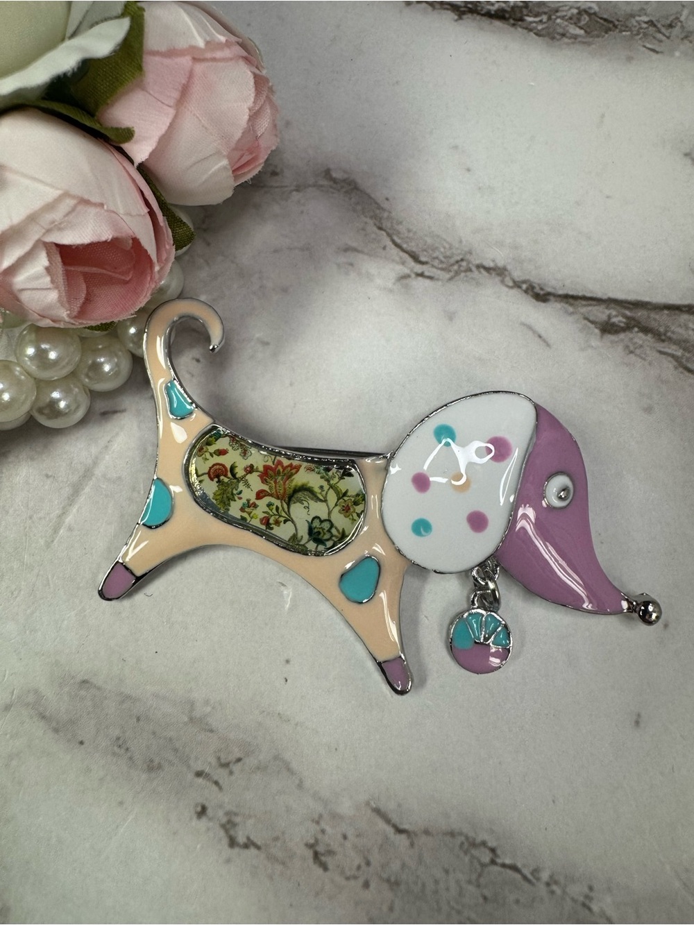 Pink and Cream Decorative Dog Brooch - Floral Accent